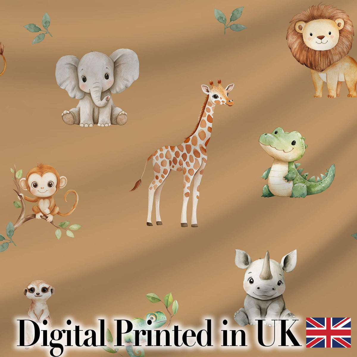 Safari Animals  with Elephant  Lion  and Crocodile on Warm Tan Background Digital Print Fabric by the Metre UK Sewing Quilting Textile