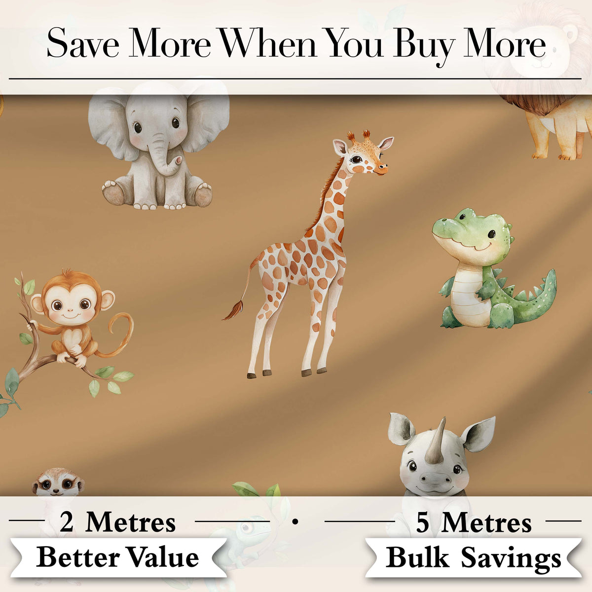 Safari Animals  with Elephant  Lion  and Crocodile on Warm Tan Background Digital Print Fabric by the Metre UK Sewing Quilting Textile