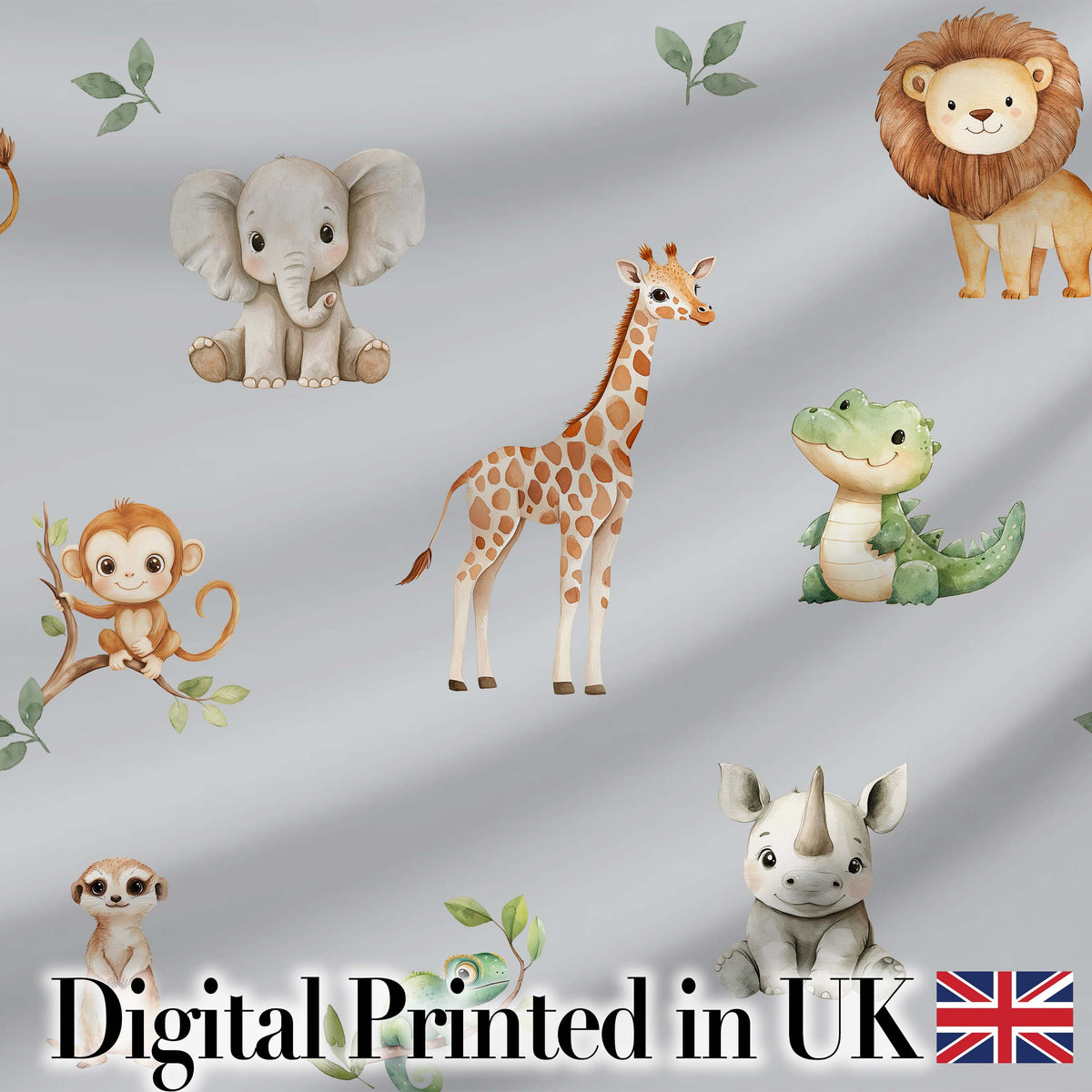 Safari Animals  with Elephant  Lion  and Crocodile on Cool Grey Background Digital Print Fabric by the Metre UK Sewing Quilting Textile