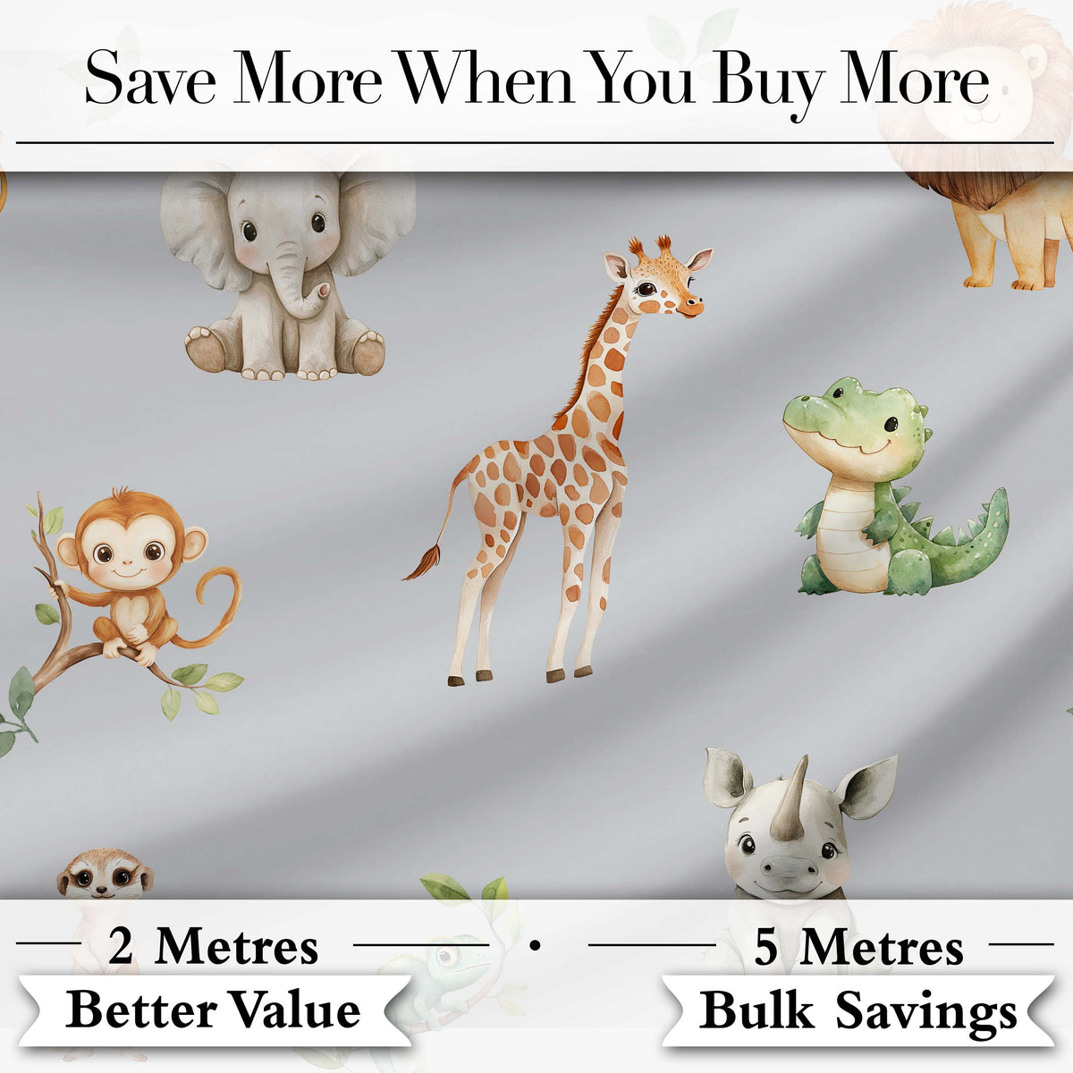 Safari Animals  with Elephant  Lion  and Crocodile on Cool Grey Background Digital Print Fabric by the Metre UK Sewing Quilting Textile