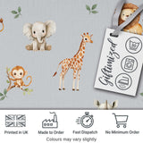 Safari Animals  with Elephant  Lion  and Crocodile on Cool Grey Background Digital Print Fabric by the Metre UK Sewing Quilting Textile