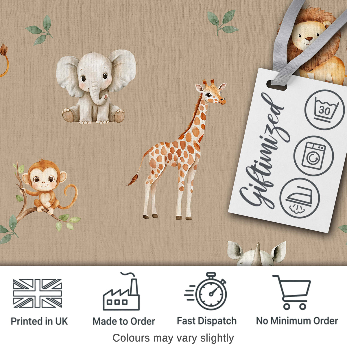 Safari Animals  with Elephant  Lion  and Crocodile on Warm Beige Background Digital Print Fabric by the Metre UK Sewing Quilting Textile