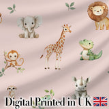 Safari Animals  with Elephant  Lion  and Crocodile on Blush Pink Background Digital Print Fabric by the Metre UK Sewing Quilting Textile