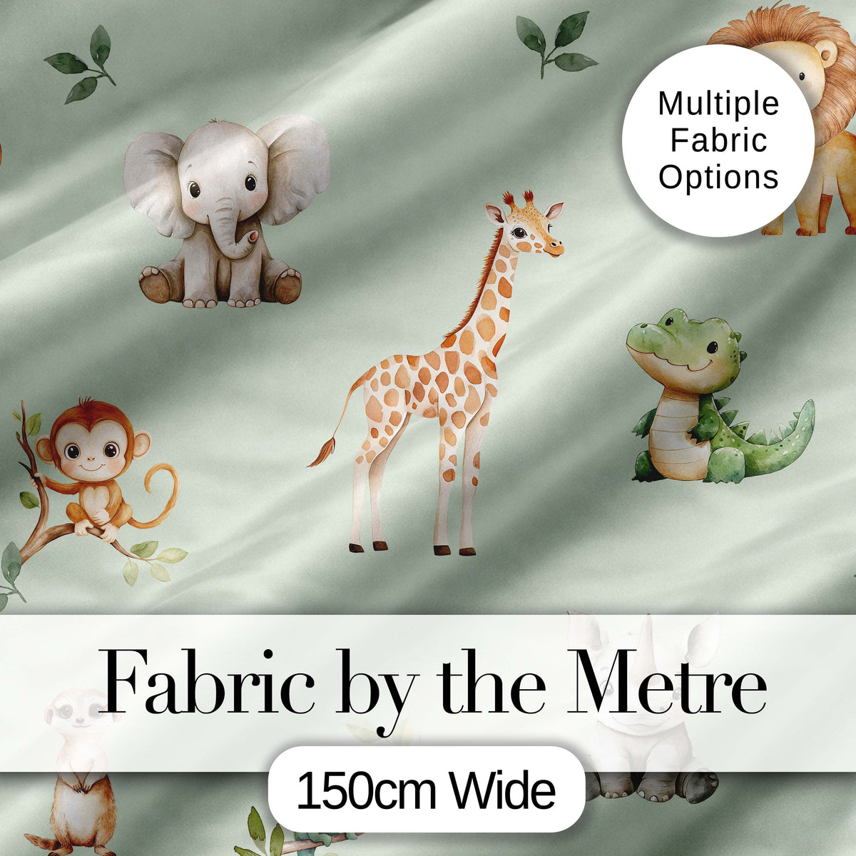 Safari Animals  with Elephant  Lion  and Crocodile on Sage Green Background Digital Print Fabric by the Metre UK Sewing Quilting Textile