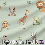 Safari Animals  with Elephant  Lion  and Crocodile on Sage Green Background Digital Print Fabric by the Metre UK Sewing Quilting Textile
