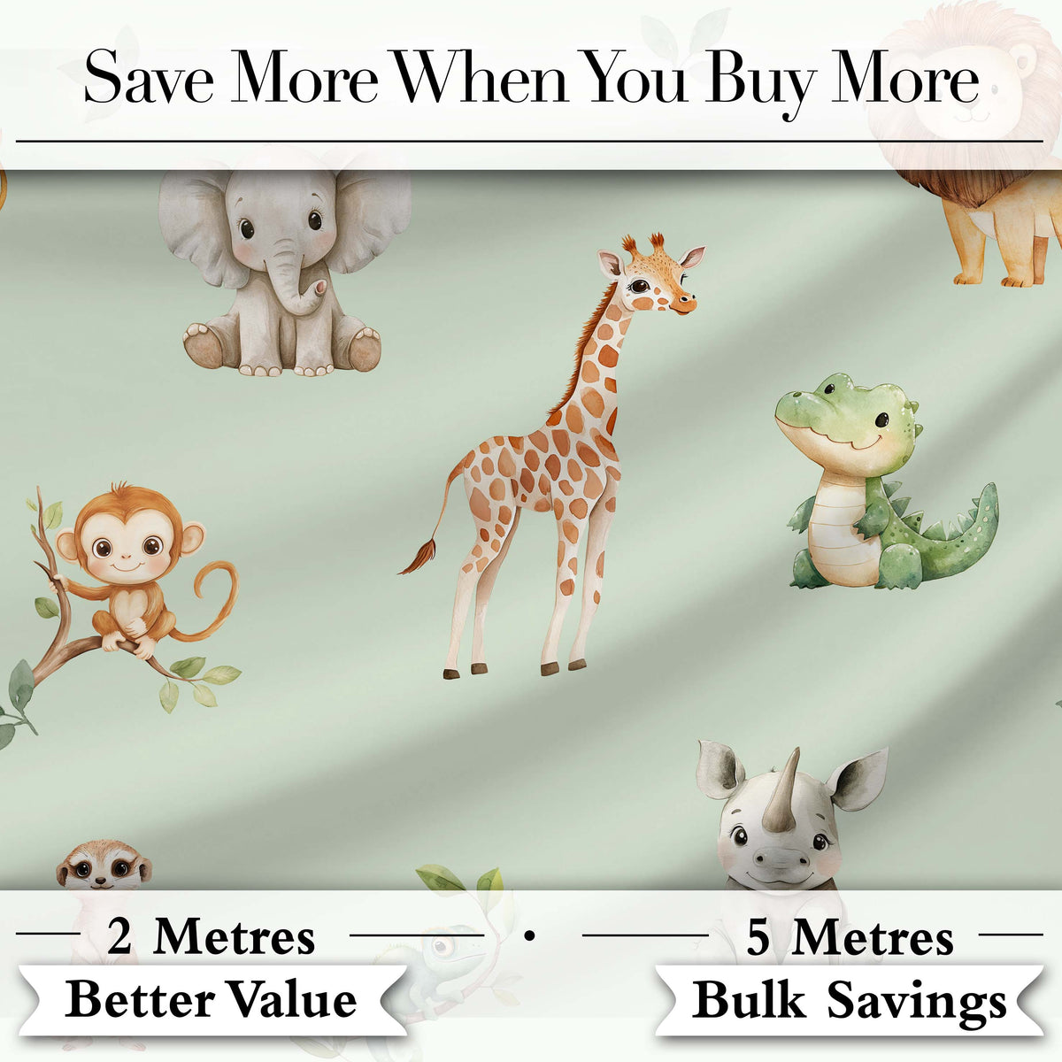 Safari Animals  with Elephant  Lion  and Crocodile on Sage Green Background Digital Print Fabric by the Metre UK Sewing Quilting Textile