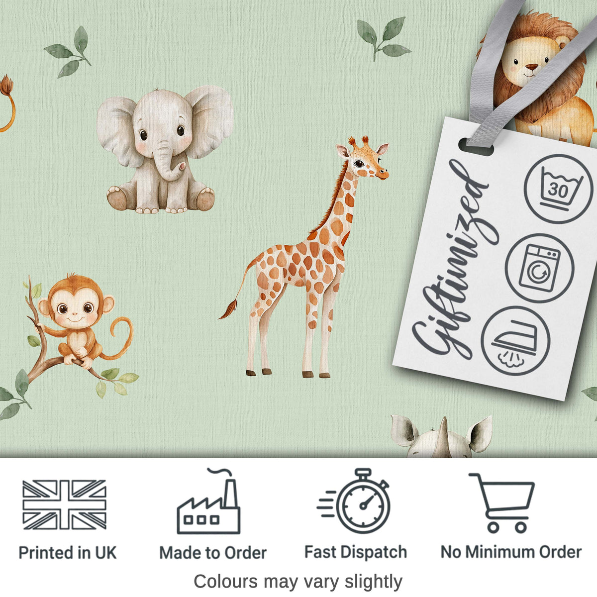 Safari Animals  with Elephant  Lion  and Crocodile on Sage Green Background Digital Print Fabric by the Metre UK Sewing Quilting Textile