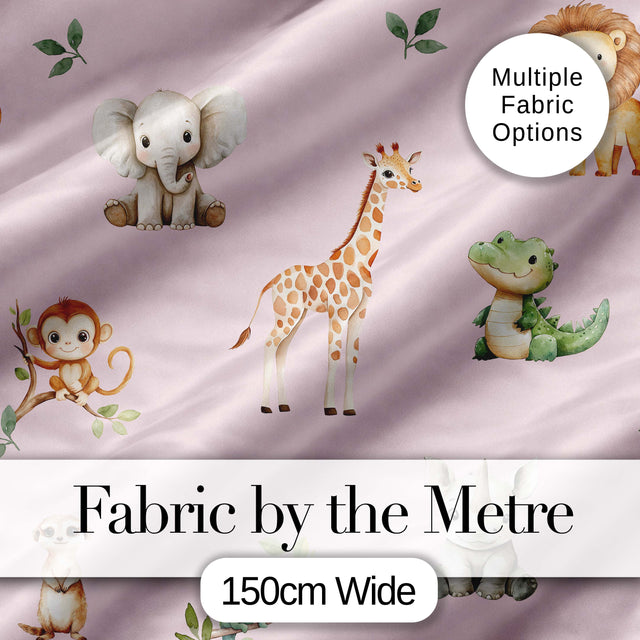 Safari Animals  with Elephant  Lion  and Crocodile on Soft Pink Background Digital Print Fabric by the Metre UK Sewing Quilting Textile