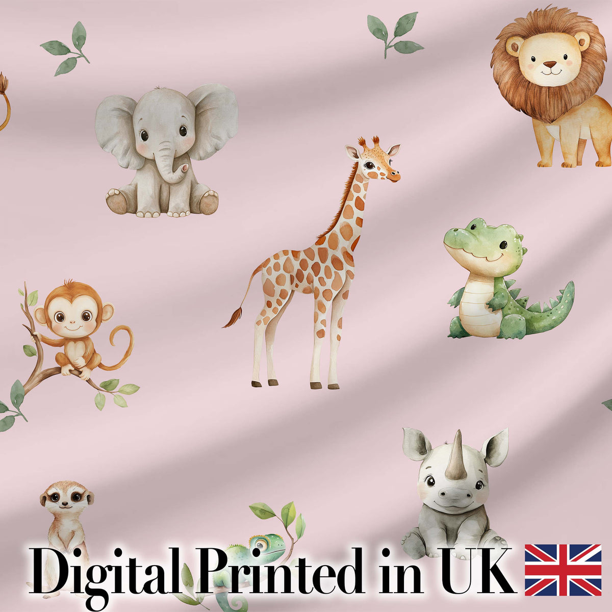 Safari Animals  with Elephant  Lion  and Crocodile on Soft Pink Background Digital Print Fabric by the Metre UK Sewing Quilting Textile