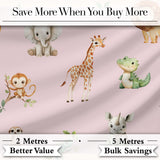 Safari Animals  with Elephant  Lion  and Crocodile on Soft Pink Background Digital Print Fabric by the Metre UK Sewing Quilting Textile