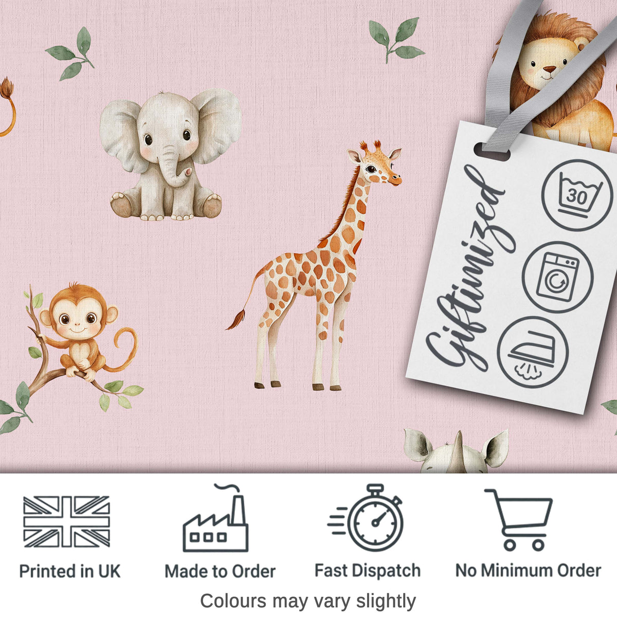 Safari Animals  with Elephant  Lion  and Crocodile on Soft Pink Background Digital Print Fabric by the Metre UK Sewing Quilting Textile