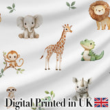 Safari Animals  with Elephant  Lion  and Crocodile on Light Grey Background Digital Print Fabric by the Metre UK Sewing Quilting Textile