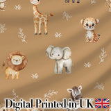 Safari Animals  with Elephant  Lion Cub  and Elephant on Warm Brown Background Digital Print Fabric by the Metre UK Sewing Quilting Textile