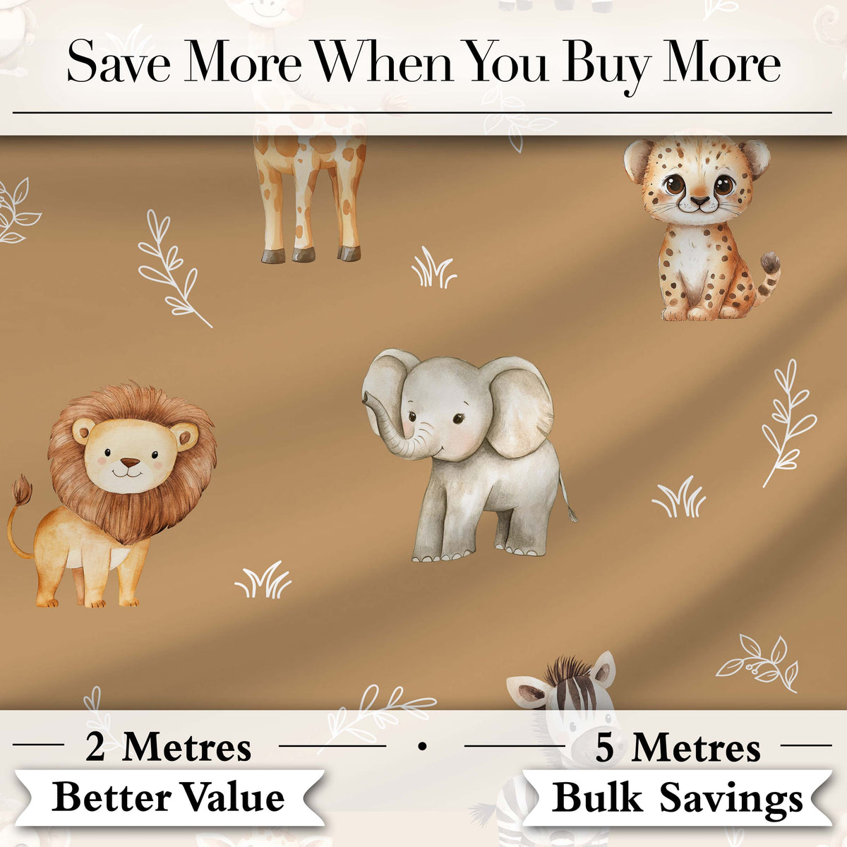 Safari Animals  with Elephant  Lion Cub  and Elephant on Warm Brown Background Digital Print Fabric by the Metre UK Sewing Quilting Textile