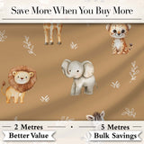 Safari Animals  with Elephant  Lion Cub  and Elephant on Warm Brown Background Digital Print Fabric by the Metre UK Sewing Quilting Textile
