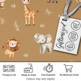 Safari Animals  with Elephant  Lion Cub  and Elephant on Warm Brown Background Digital Print Fabric by the Metre UK Sewing Quilting Textile
