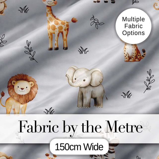 Safari Animals  with  Elephant Lion  and Leopard Cub on Cool Grey Background Digital Print Fabric by the Metre UK Sewing Quilting Textile