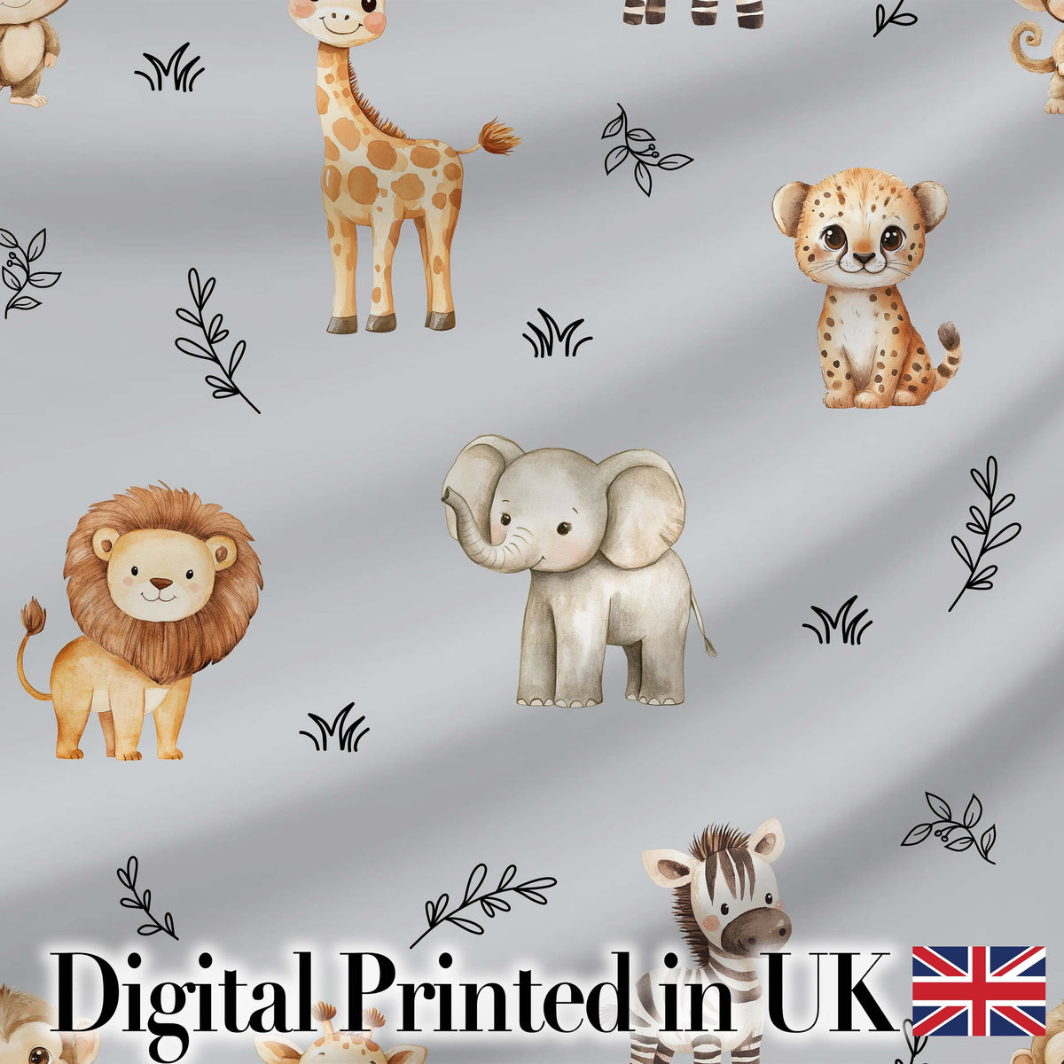 Safari Animals  with  Elephant Lion  and Leopard Cub on Cool Grey Background Digital Print Fabric by the Metre UK Sewing Quilting Textile