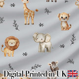 Safari Animals  with  Elephant Lion  and Leopard Cub on Cool Grey Background Digital Print Fabric by the Metre UK Sewing Quilting Textile