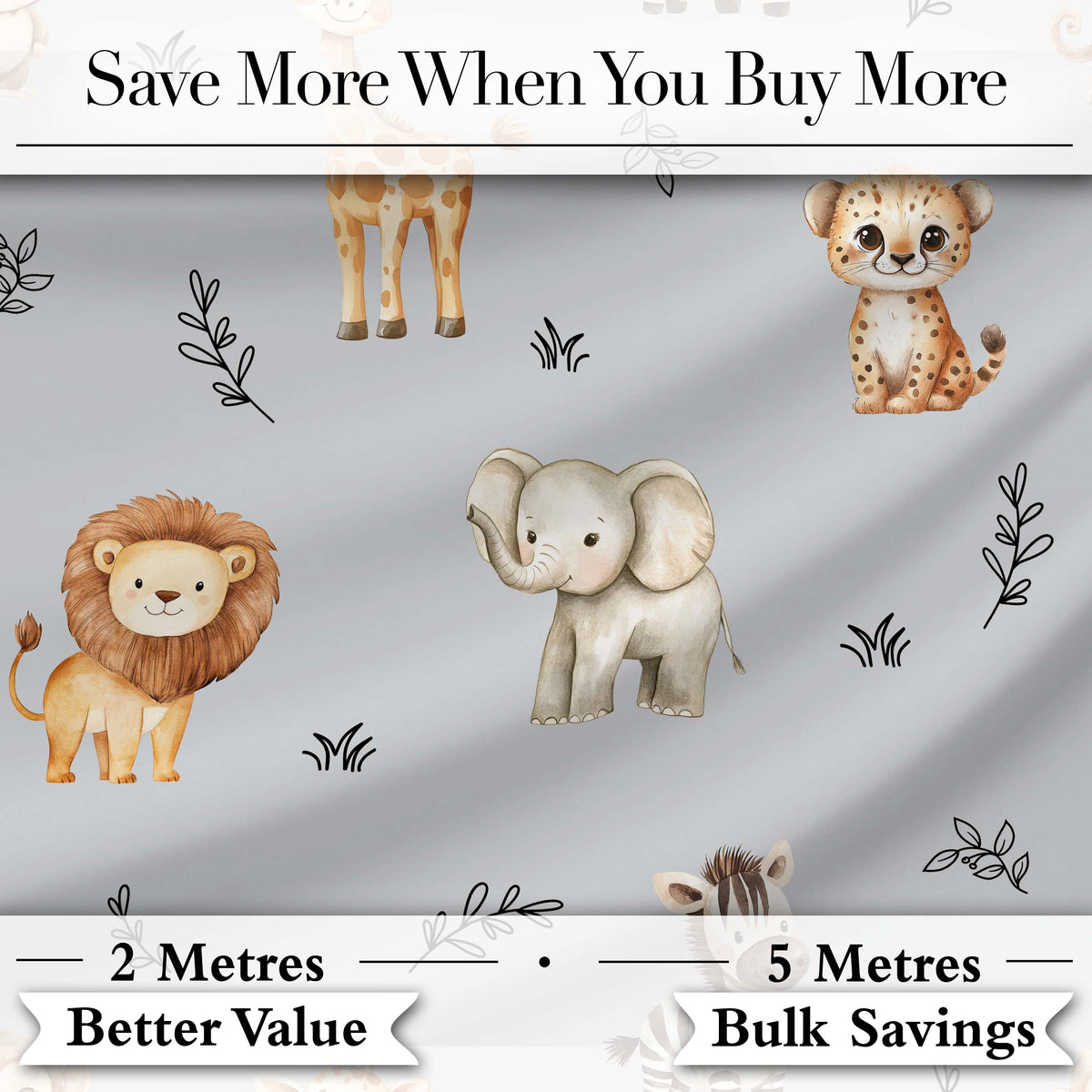 Safari Animals  with  Elephant Lion  and Leopard Cub on Cool Grey Background Digital Print Fabric by the Metre UK Sewing Quilting Textile