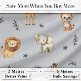 Safari Animals  with  Elephant Lion  and Leopard Cub on Cool Grey Background Digital Print Fabric by the Metre UK Sewing Quilting Textile