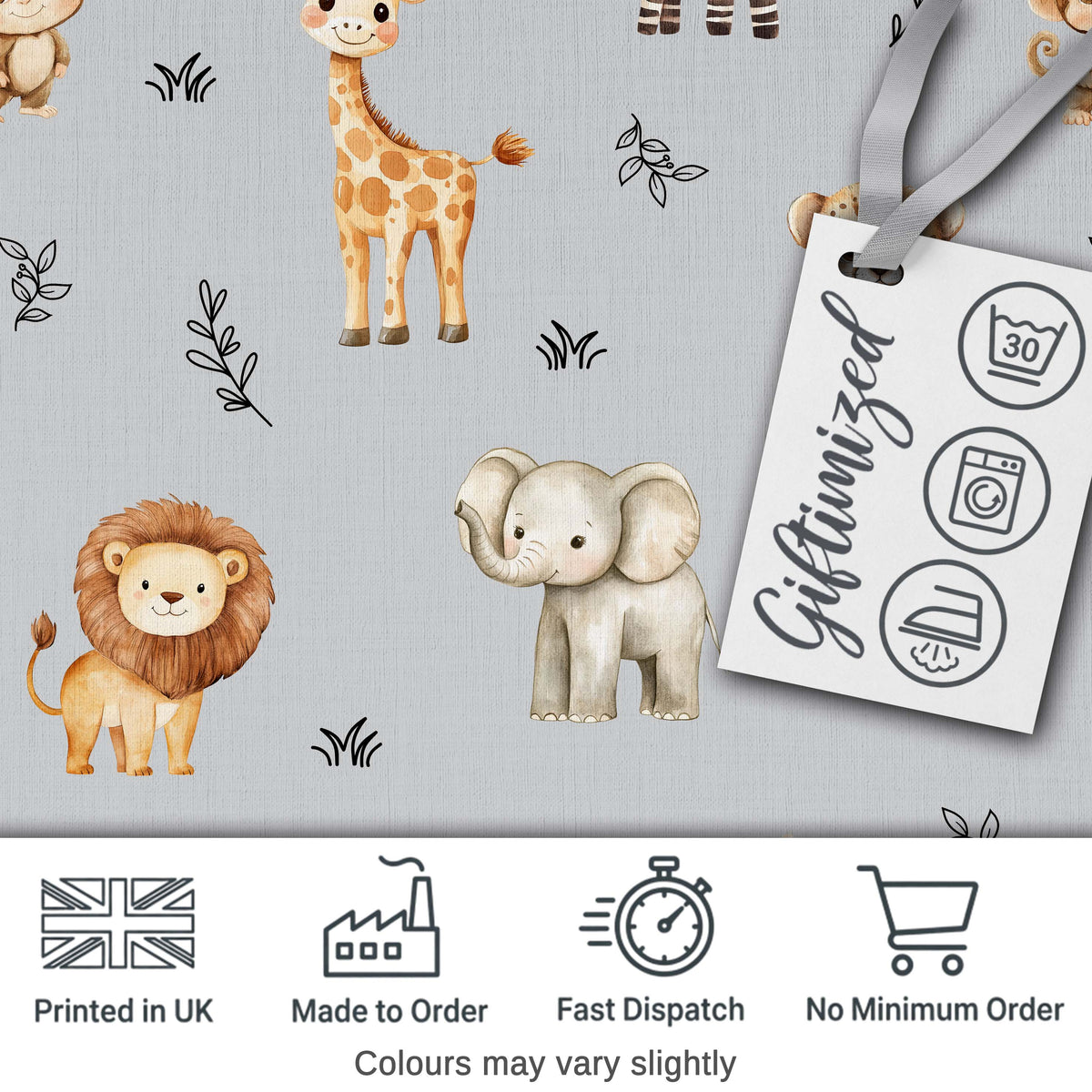 Safari Animals  with  Elephant Lion  and Leopard Cub on Cool Grey Background Digital Print Fabric by the Metre UK Sewing Quilting Textile