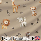 Safari Animals  with  Elephant Lion  and Leopard Cub on Warm Beige Background Digital Print Fabric by the Metre UK Sewing Quilting Textile