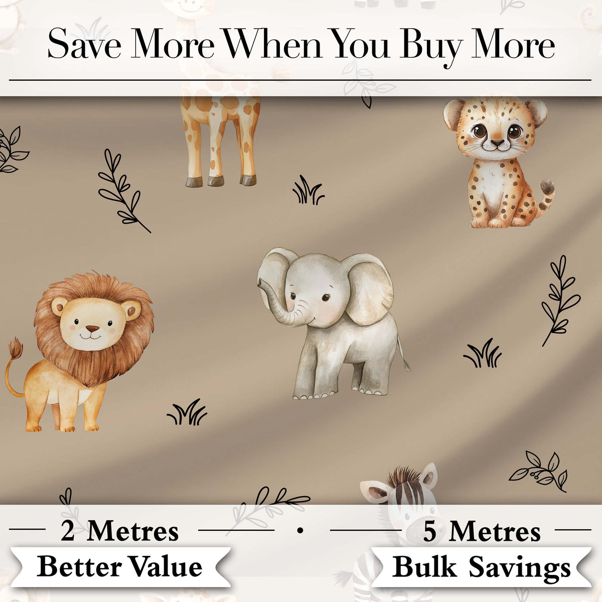 Safari Animals  with  Elephant Lion  and Leopard Cub on Warm Beige Background Digital Print Fabric by the Metre UK Sewing Quilting Textile