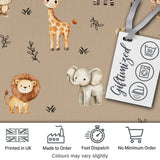 Safari Animals  with  Elephant Lion  and Leopard Cub on Warm Beige Background Digital Print Fabric by the Metre UK Sewing Quilting Textile