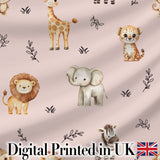 Safari Animals  with  Elephant Lion and Leopard Cub Soft Blush Pink Background Digital Print Fabric by the Metre UK Sewing Quilting Textile