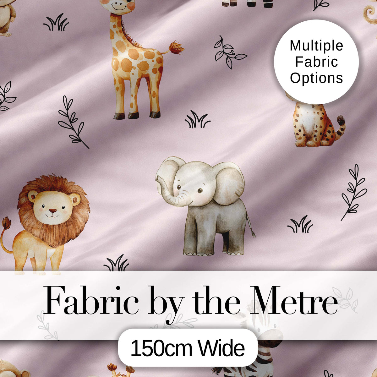 Safari Animals  with  Elephant Lion  and Leopard Cub on Dusty Rose Background Digital Print Fabric by the Metre UK Sewing Quilting Textile