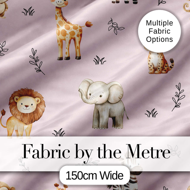 Safari Animals  with  Elephant Lion  and Leopard Cub on Dusty Rose Background Digital Print Fabric by the Metre UK Sewing Quilting Textile