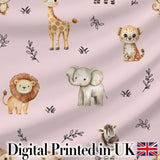 Safari Animals  with  Elephant Lion  and Leopard Cub on Dusty Rose Background Digital Print Fabric by the Metre UK Sewing Quilting Textile