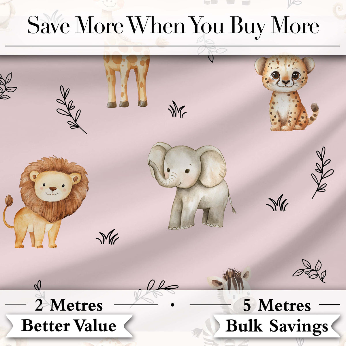 Safari Animals  with  Elephant Lion  and Leopard Cub on Dusty Rose Background Digital Print Fabric by the Metre UK Sewing Quilting Textile
