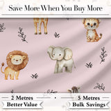 Safari Animals  with  Elephant Lion  and Leopard Cub on Dusty Rose Background Digital Print Fabric by the Metre UK Sewing Quilting Textile