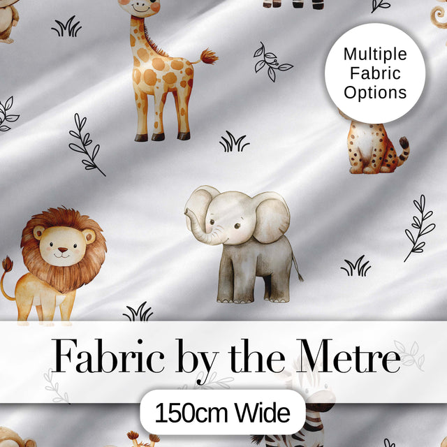 Safari Animals  with  Elephant Lion  and Leopard  on Light Grey Background Digital Print Fabric by the Metre UK Sewing Quilting Textile
