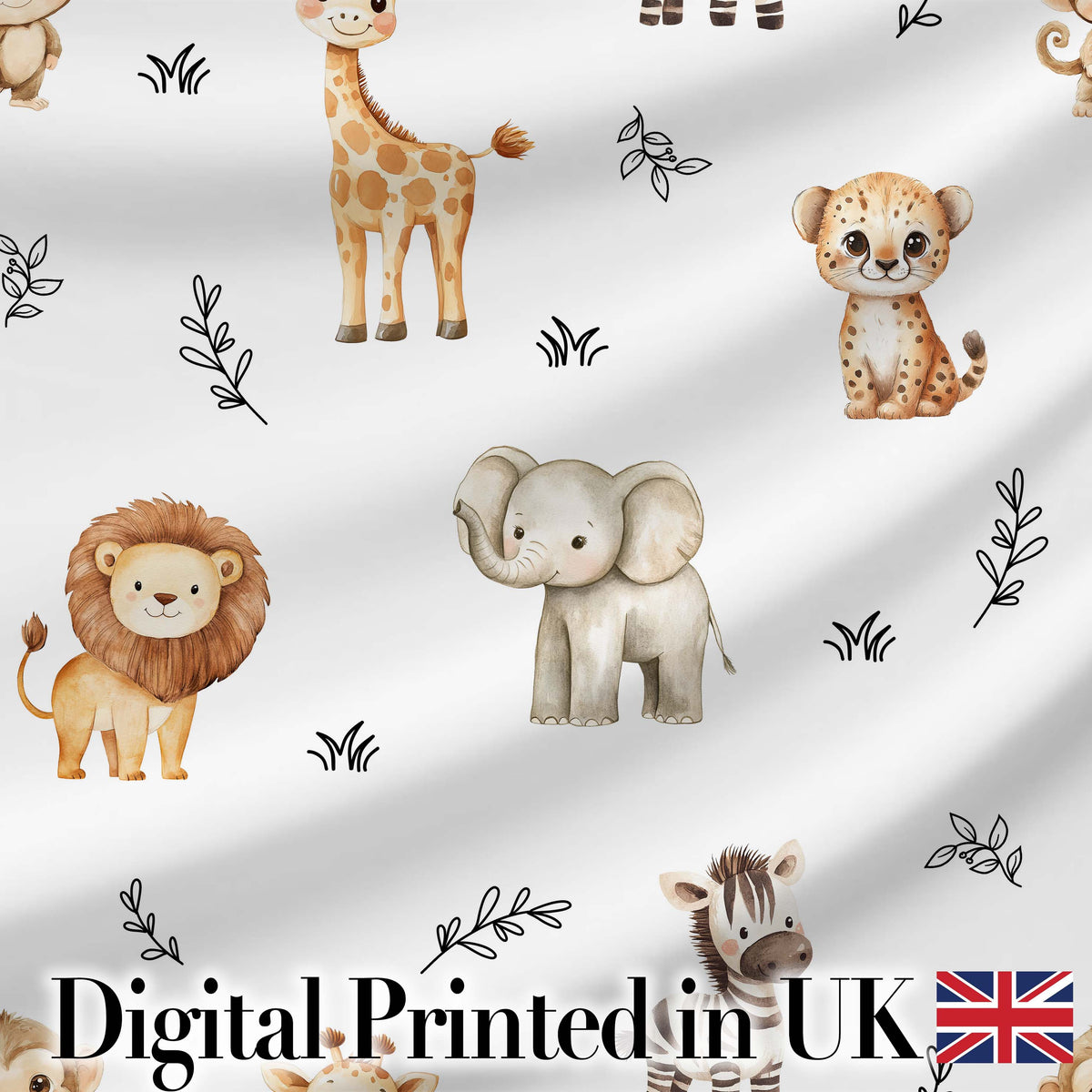 Safari Animals  with  Elephant Lion  and Leopard  on Light Grey Background Digital Print Fabric by the Metre UK Sewing Quilting Textile