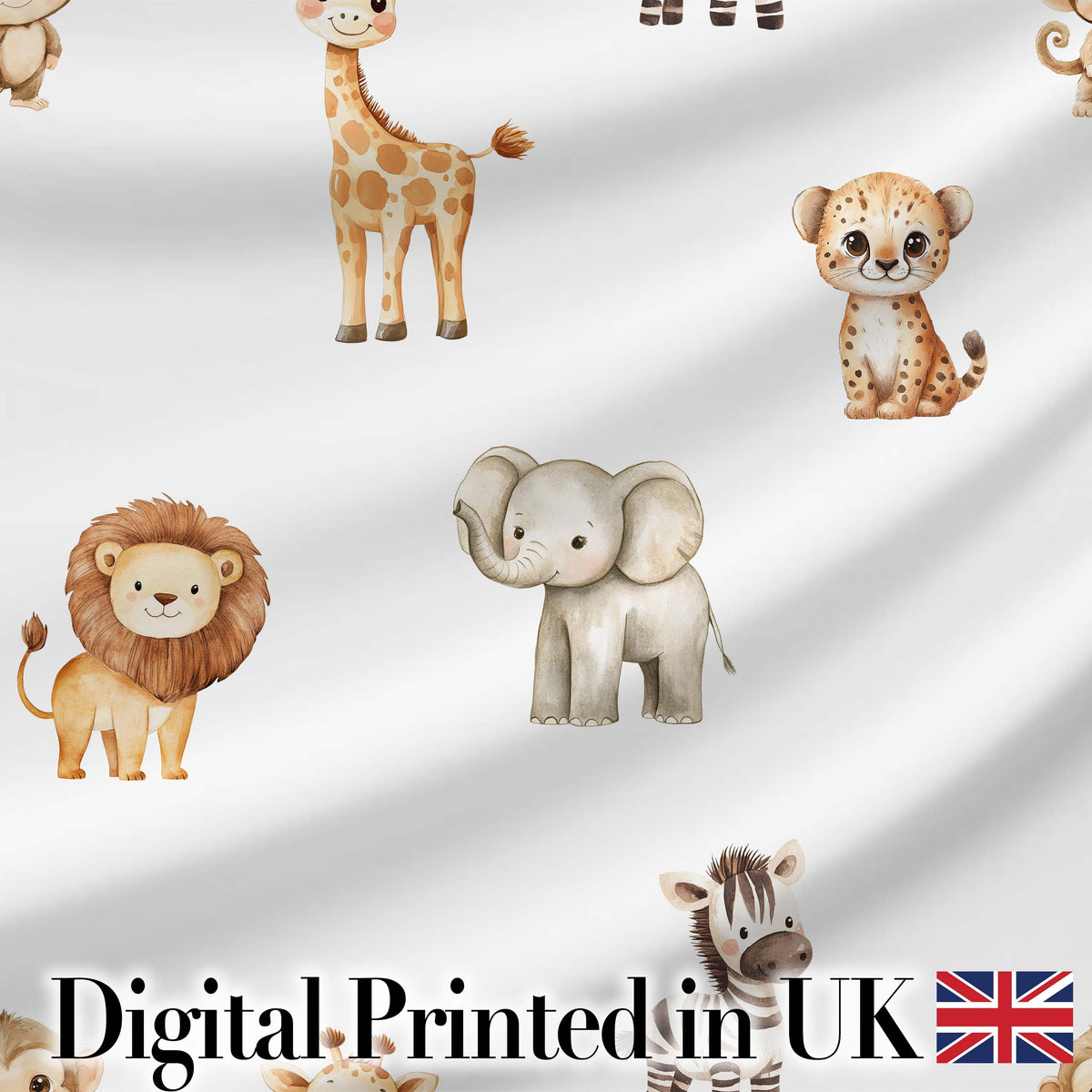 Safari Animals  with  Elephant Lion  and Leopard Cub on Light Grey Background Digital Print Fabric by the Metre UK Sewing Quilting Textile