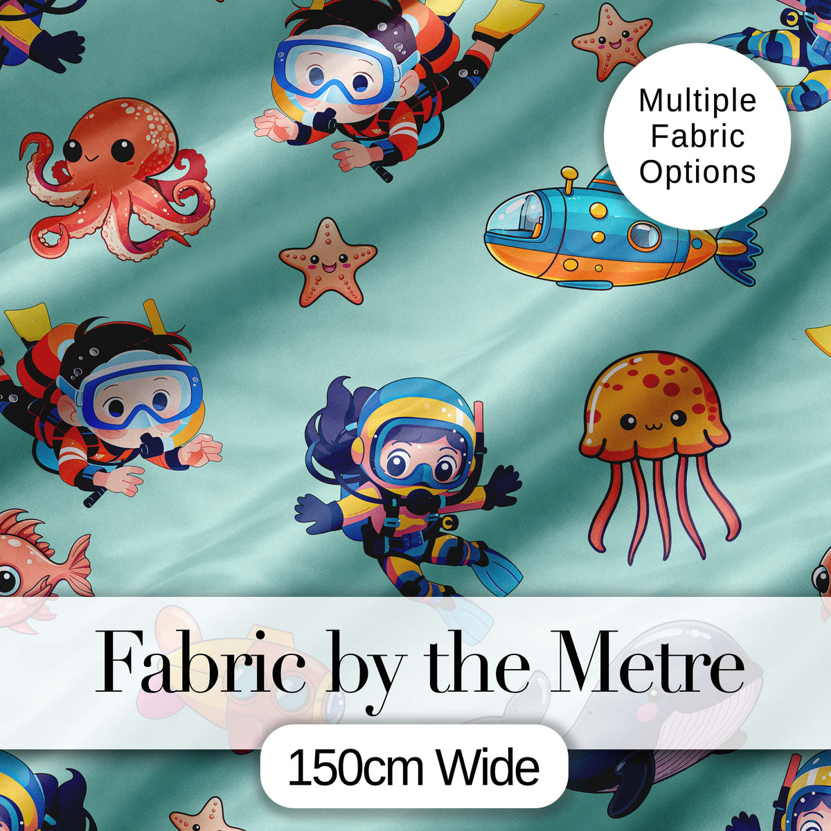 Underwater   with Scuba Divers  Starfish and Whale on Seafoam Green Background Digital Print Fabric by the Metre UK Sewing Quilting Textile