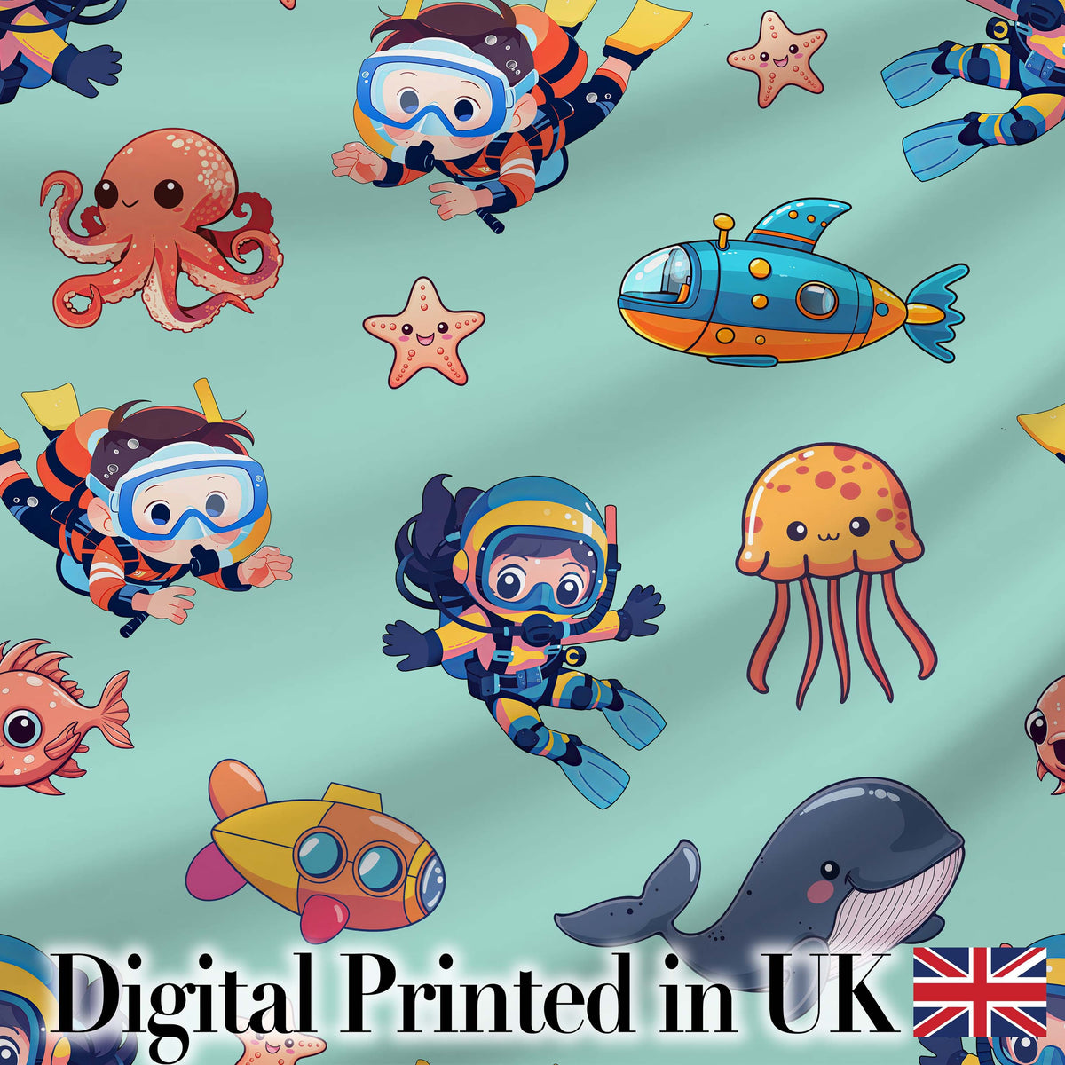 Underwater   with Scuba Divers  Starfish and Whale on Seafoam Green Background Digital Print Fabric by the Metre UK Sewing Quilting Textile