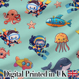 Underwater   with Scuba Divers  Starfish and Whale on Seafoam Green Background Digital Print Fabric by the Metre UK Sewing Quilting Textile