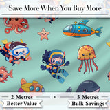 Underwater   with Scuba Divers  Starfish and Whale on Seafoam Green Background Digital Print Fabric by the Metre UK Sewing Quilting Textile