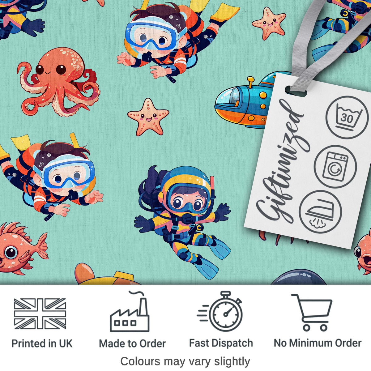 Underwater   with Scuba Divers  Starfish and Whale on Seafoam Green Background Digital Print Fabric by the Metre UK Sewing Quilting Textile