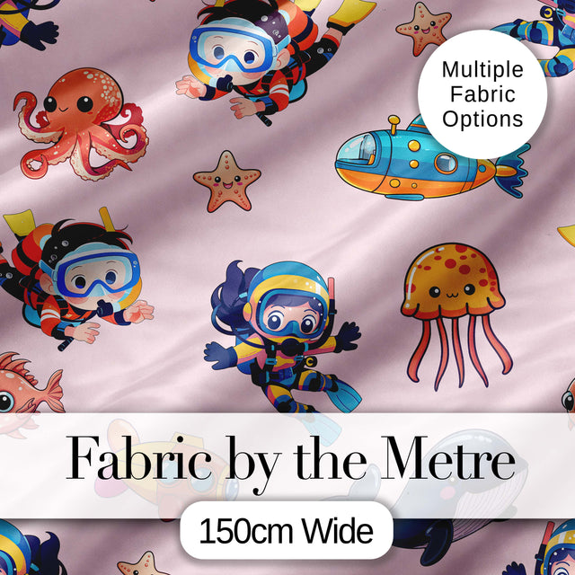Underwater   with Scuba Divers Starfish and Whale on Soft Blush Pink Background Digital Print Fabric by the Metre UK Sewing Quilting Textile