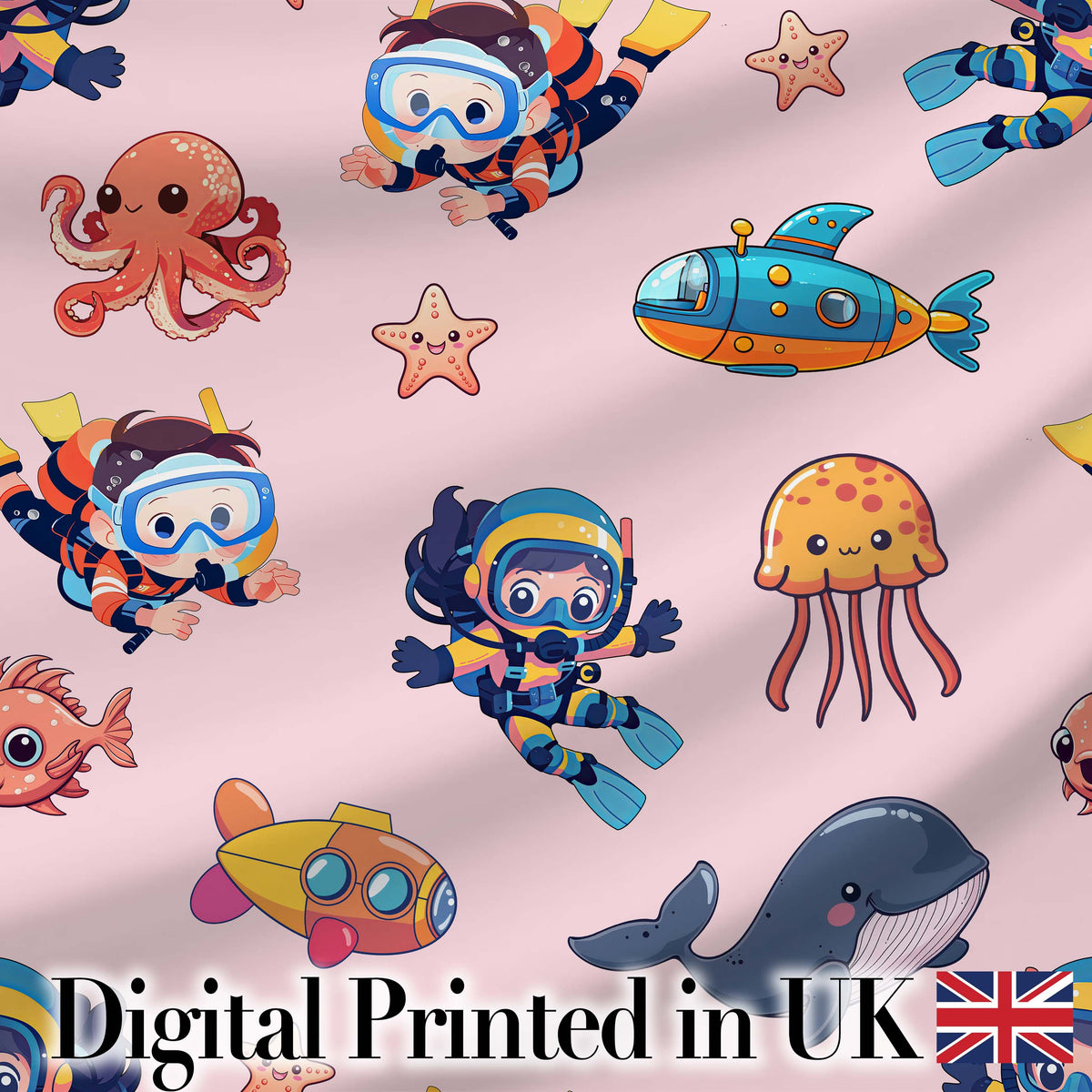 Underwater   with Scuba Divers Starfish and Whale on Soft Blush Pink Background Digital Print Fabric by the Metre UK Sewing Quilting Textile