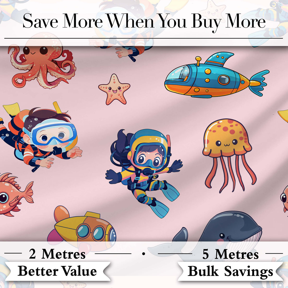 Underwater   with Scuba Divers Starfish and Whale on Soft Blush Pink Background Digital Print Fabric by the Metre UK Sewing Quilting Textile