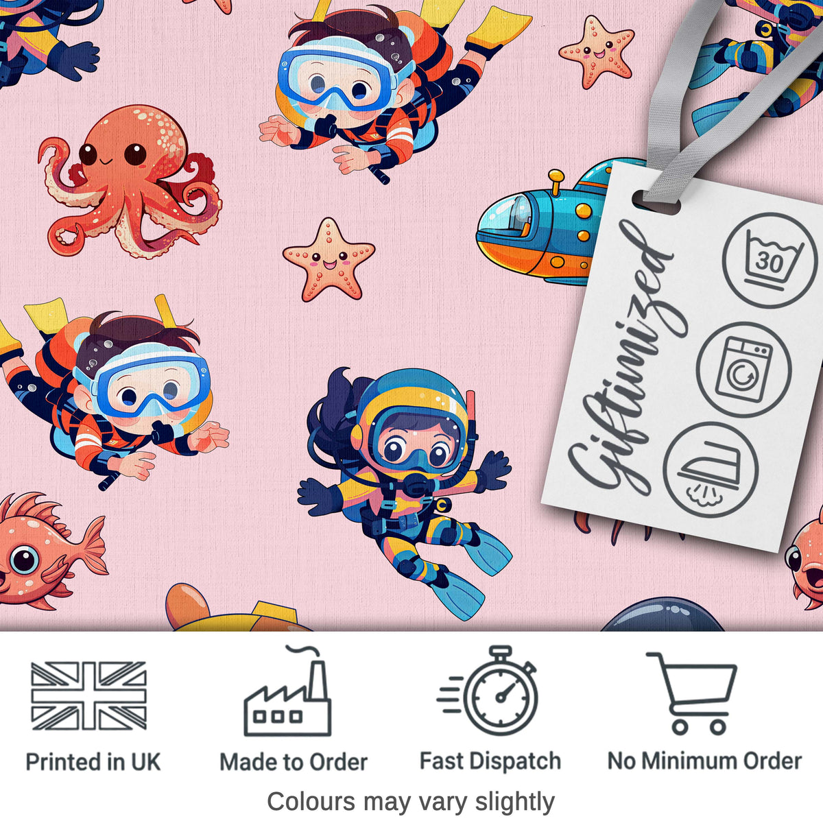 Underwater   with Scuba Divers Starfish and Whale on Soft Blush Pink Background Digital Print Fabric by the Metre UK Sewing Quilting Textile