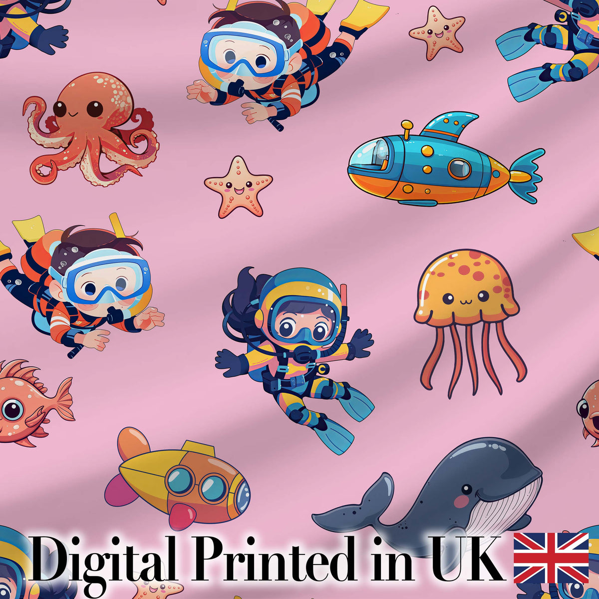 Underwater  with Scuba Divers Starfish and Whale on Soft Blush Pink Background Digital Print Fabric by the Metre UK Sewing Quilting Textile