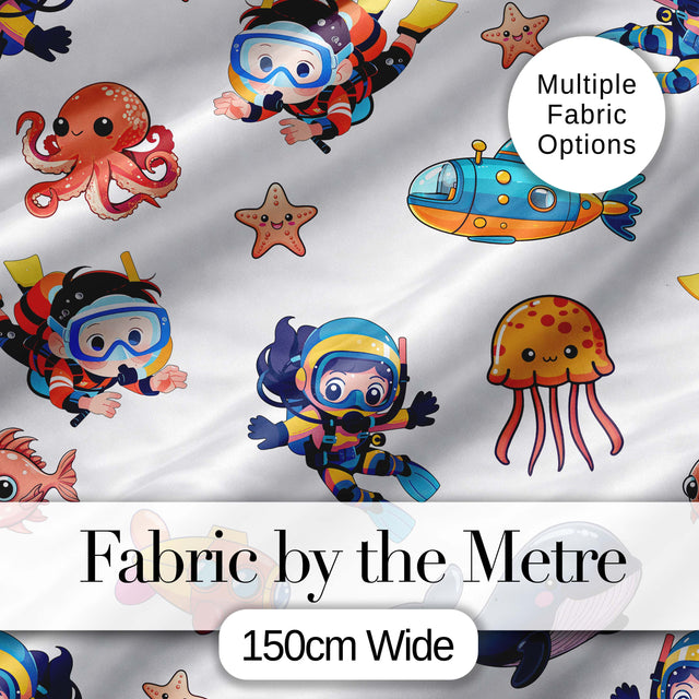 Underwater   with Scuba Divers    Starfish and Whale on Clean White Background Digital Print Fabric by the Metre UK Sewing Quilting Textile