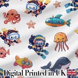 Underwater   with Scuba Divers    Starfish and Whale on Clean White Background Digital Print Fabric by the Metre UK Sewing Quilting Textile
